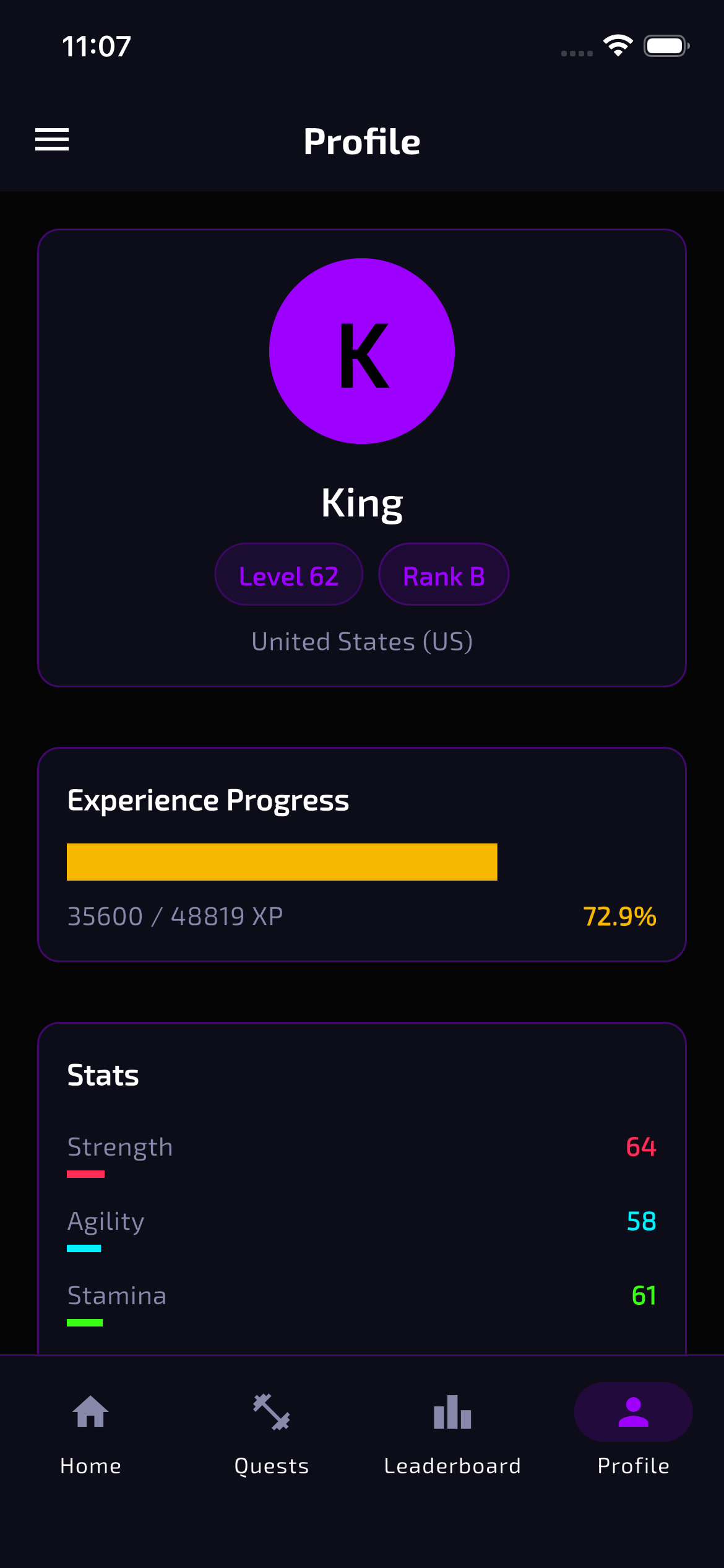 Progress profile screen