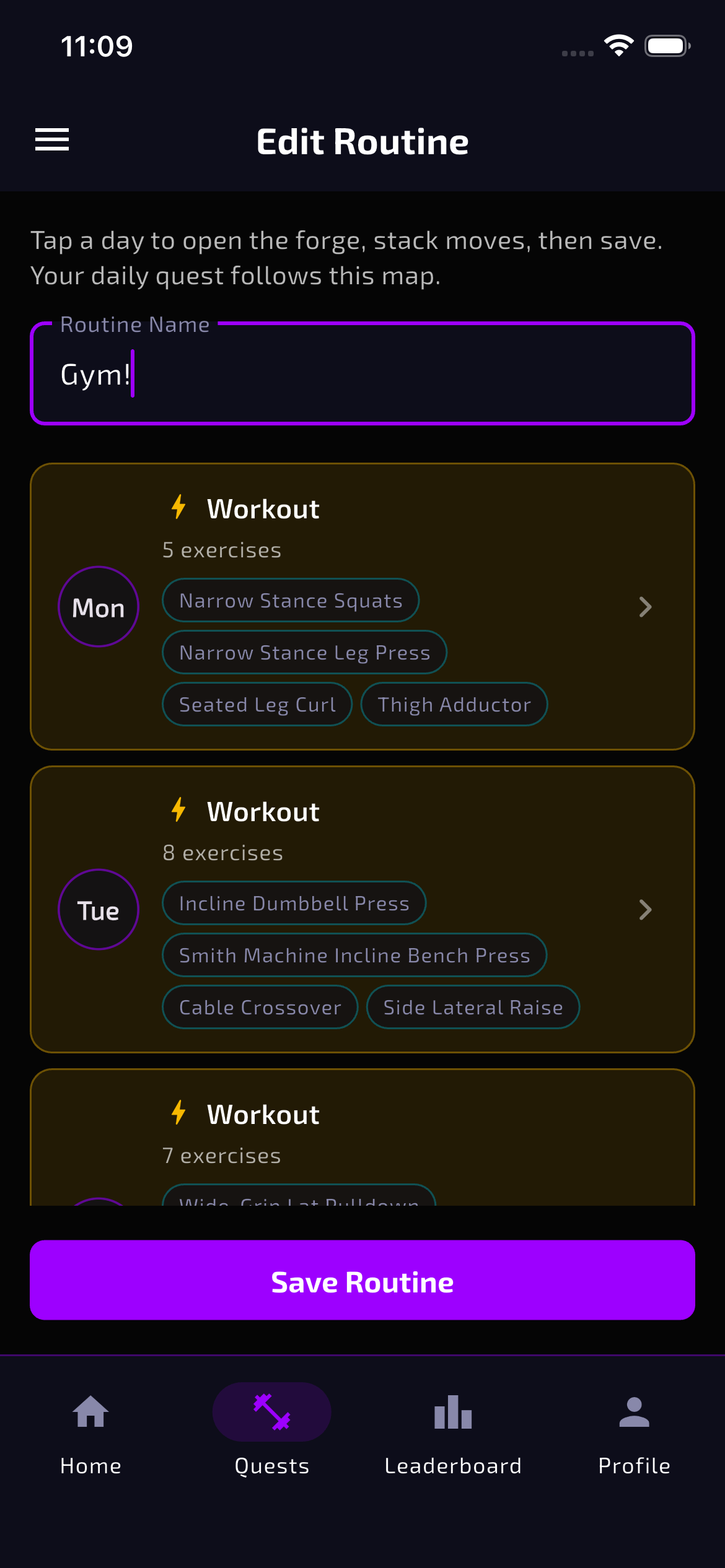 Routine builder screen